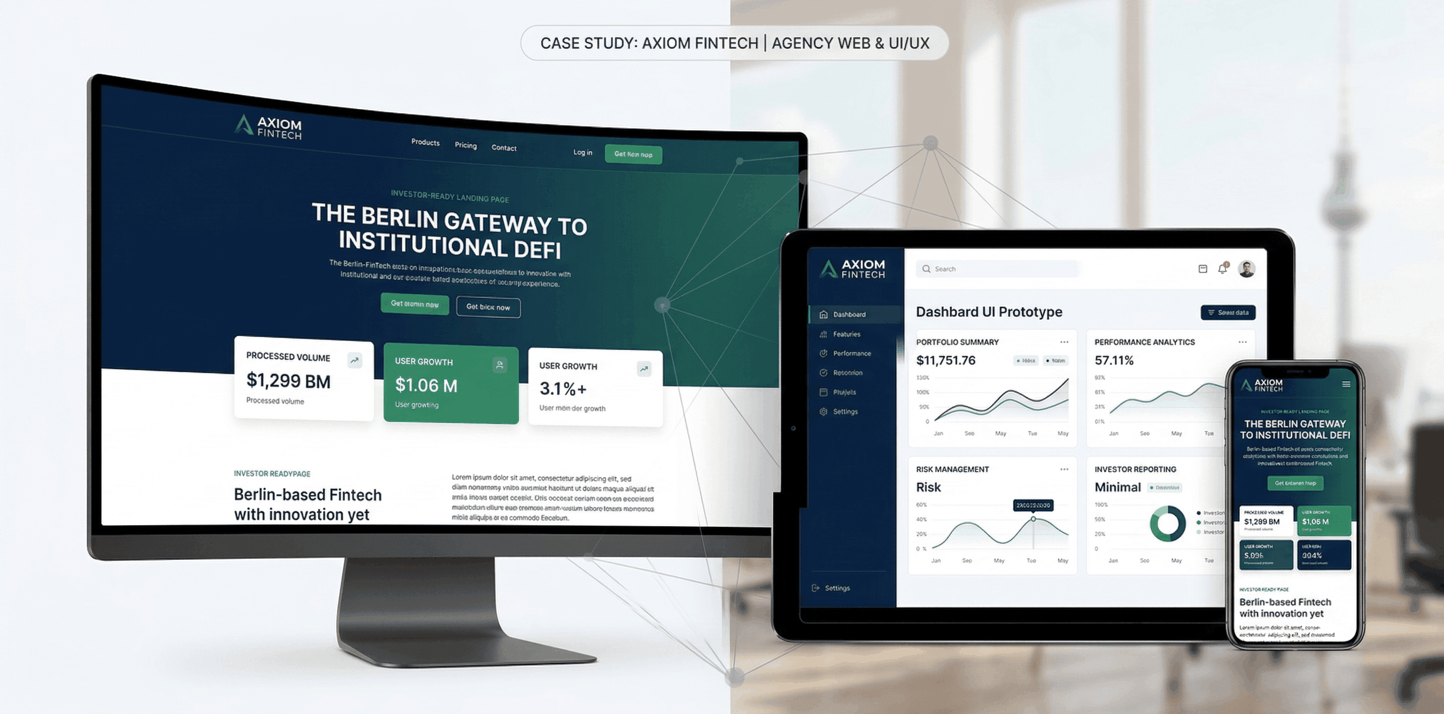 Axiom FinTech: Investor-ready landing page and dashboard UI prototype for a Berlin-based fintech startup.