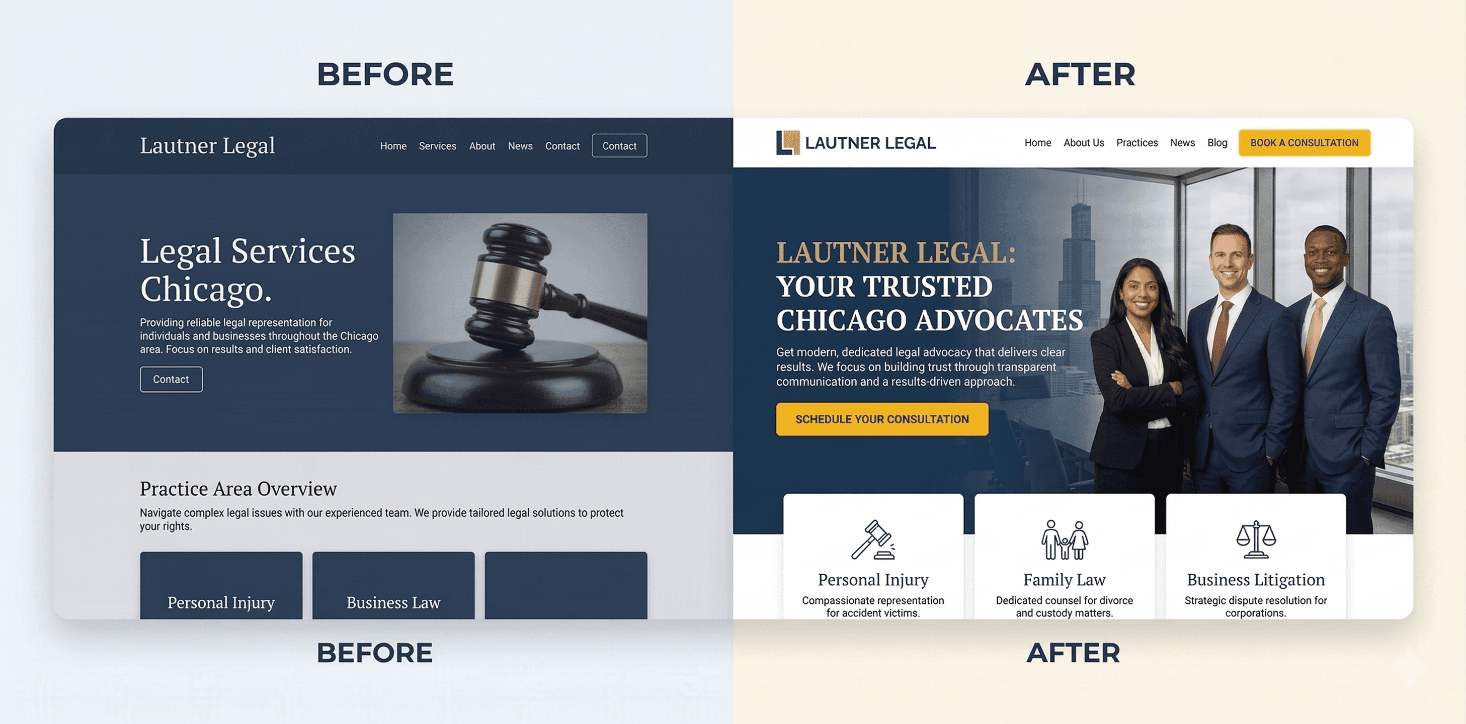 Lautner Legal: A trust-building website redesign for a Chicago law firm that boosted consultation bookings by 65% in month one.