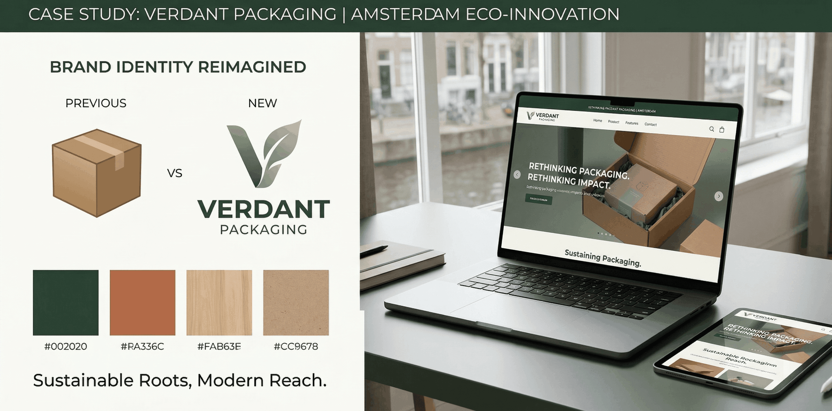 Verdant Packaging: Brand identity and product showcase website for an Amsterdam eco-packaging startup launching to market.